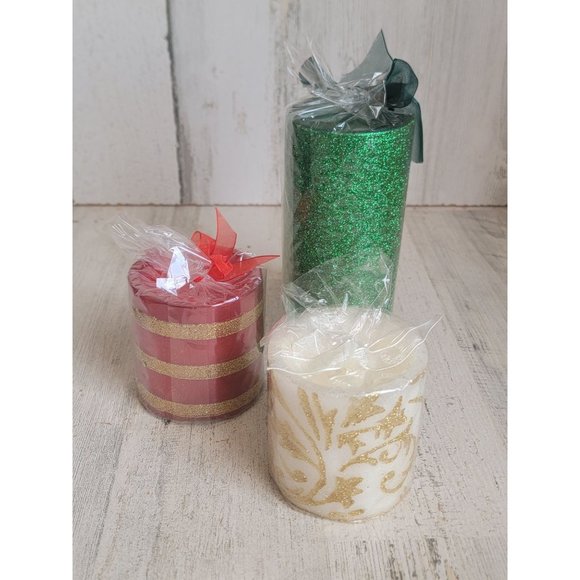 Green glitter pillar candle unscented set xmas home decor - Picture 3 of 4